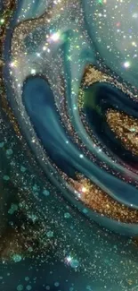 Abstract teal and gold glitter wallpaper with shimmering swirls.