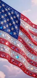 Sparkling American flag with gems and stars.