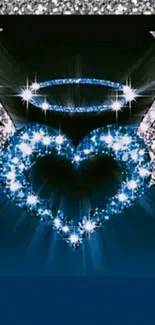 Sparkling heart with angel wings and a radiant halo in a blue design.