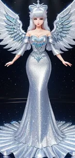 Glittering angel in silver dress with wings on a starry background.