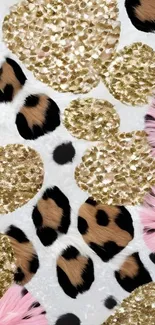 Sparkling animal print wallpaper with gold and pink accents.