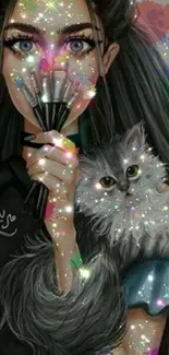 Whimsical girl with brushes and cat in sparkles.