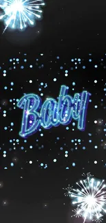 Neon 'Baby' text with blue sparkles on a dark background for mobile wallpaper.