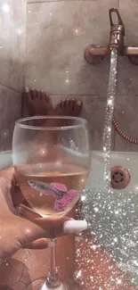 Luxurious bath with sparkles and wine glass in hand.