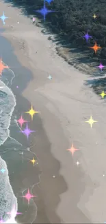 Aerial view of a sparkling beach with colorful starbursts over the ocean waves and sand.