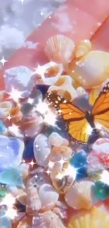 Butterfly on seashells with sparkle effects, creating a vibrant beach aesthetic.