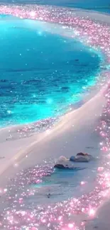 Magical beach with pink sparkling waves and turquoise sea.