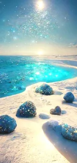 Sparkling beach scene with glistening ocean and sunset.