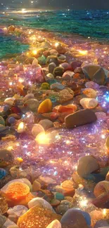 Sparkling night beach with glowing stones.