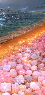 Sparkling beach with glowing stones under a crescent moon at night.