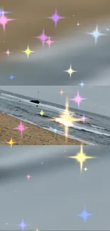 Serene beach with colorful sparkling stars overlay.