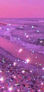 Purple and pink sunset over beach with sparkling lights on sand.