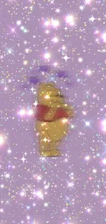 Whimsical bear surrounded by purple sparkles on mobile wallpaper.