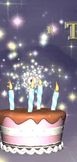 Birthday cake with candles and sparkling starry background.