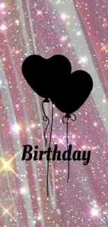 Pink glitter background with heart balloons and birthday text.