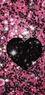 Sparkling pink background with a black heart, butterflies, and roses.