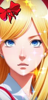 Anime character with sparkling eyes and a red bow features a bright, blonde hairstyle.