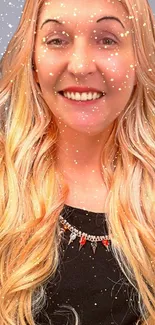 A woman with long blonde hair and sparkles on a mobile wallpaper.