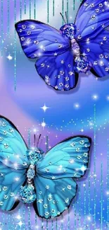 Sparkling blue butterflies on a mystical purple background wallpaper.