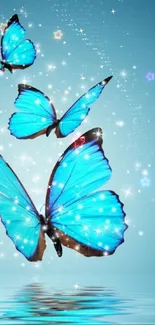 Sparkling blue butterflies over water with serene background.