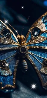 Sparkling blue butterfly with intricate details on a mobile wallpaper.