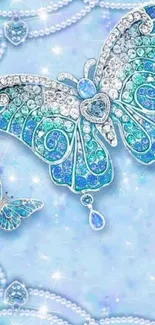 Elegant blue butterfly wallpaper with rhinestones and pearls.