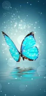 Blue butterfly with sparkles on serene background.