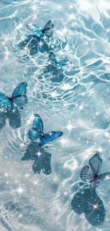 Blue butterflies shimmer on sparkling water background.