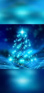 Glowing blue Christmas tree with sparkling lights on a festive background.