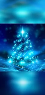 Sparkling blue Christmas tree with glowing lights in a serene winter setting.