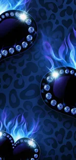 Blue wallpaper with sparkling flame hearts.