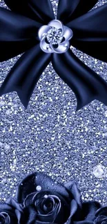 Elegant phone wallpaper with glittery blue background, black ribbon, and roses.