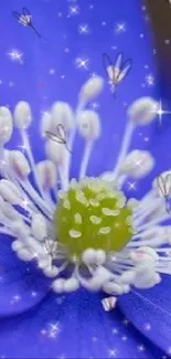 Close-up of a sparkling blue flower with ethereal glowing elements.