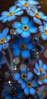 Vivid blue flowers with sparkling effects on a dark background.