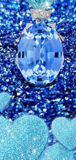 Sparkling blue gemstone and hearts wallpaper with glitter.