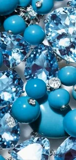 Close-up of sparkling blue gemstones and jewels.