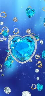 Blue heart-shaped gemstones with sparkling accents on a blue background.