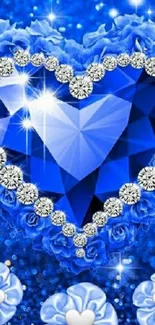 Vibrant blue heart gemstone with diamond border and rose details.