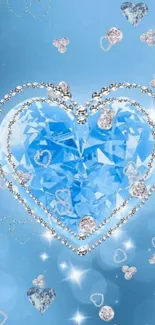 Sparkling blue heart with diamond accents on serene sky background.