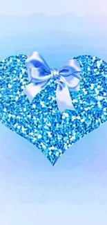 Blue glittering heart with ribbon design wallpaper.