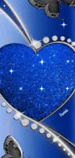 Blue sparkling heart with butterflies.