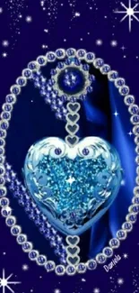 A sparkling blue heart surrounded by stars and gems on a dark blue background.