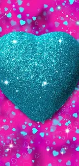 Sparkling blue heart with pink background.