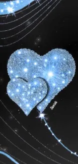 Sparkling blue heart and stars on a black background mobile wallpaper.