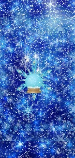 A blue snowflake and sparkling stars mobile wallpaper for a cool winter aesthetic.