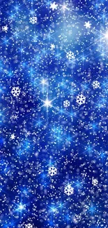 Sparkling blue wallpaper with snowflakes and stars.