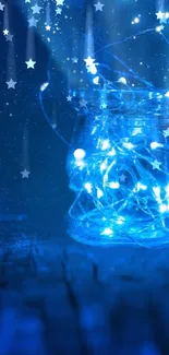 Magical blue jar with glowing fairy lights and stars.