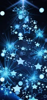 Glowing blue starry Christmas tree wallpaper.