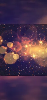 Sparkling bokeh wallpaper with golden stars and a dark purple night sky.