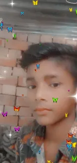 Young boy with sparkles and crown effect on brick background.